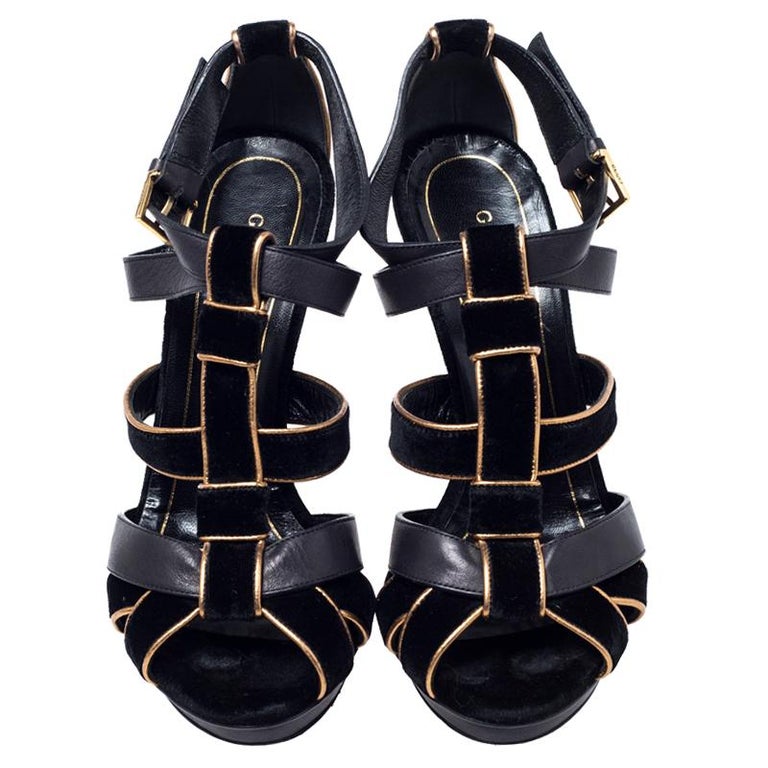 Gucci Black Velvet And Leather Malika Strappy Ankle Strap Sandals Size ...