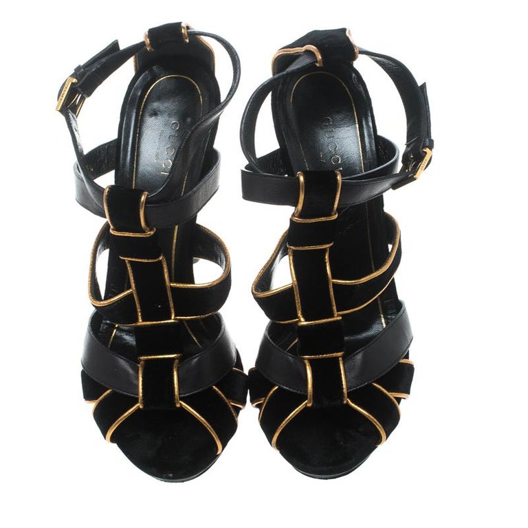 Gucci Black Velvet and Leather Malika Strappy Sandals Size 37.5 at ...