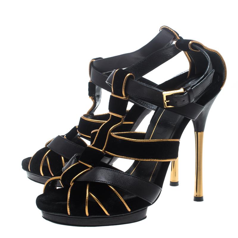 Gucci Black Velvet and Leather Malika Strappy Sandals Size 37.5 1