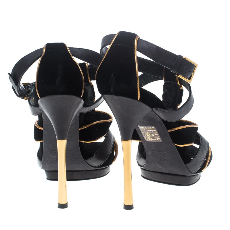 Gucci Black Velvet and Leather Malika Strappy Sandals Size 37.5 In Good Condition In Dubai, Al Qouz 2