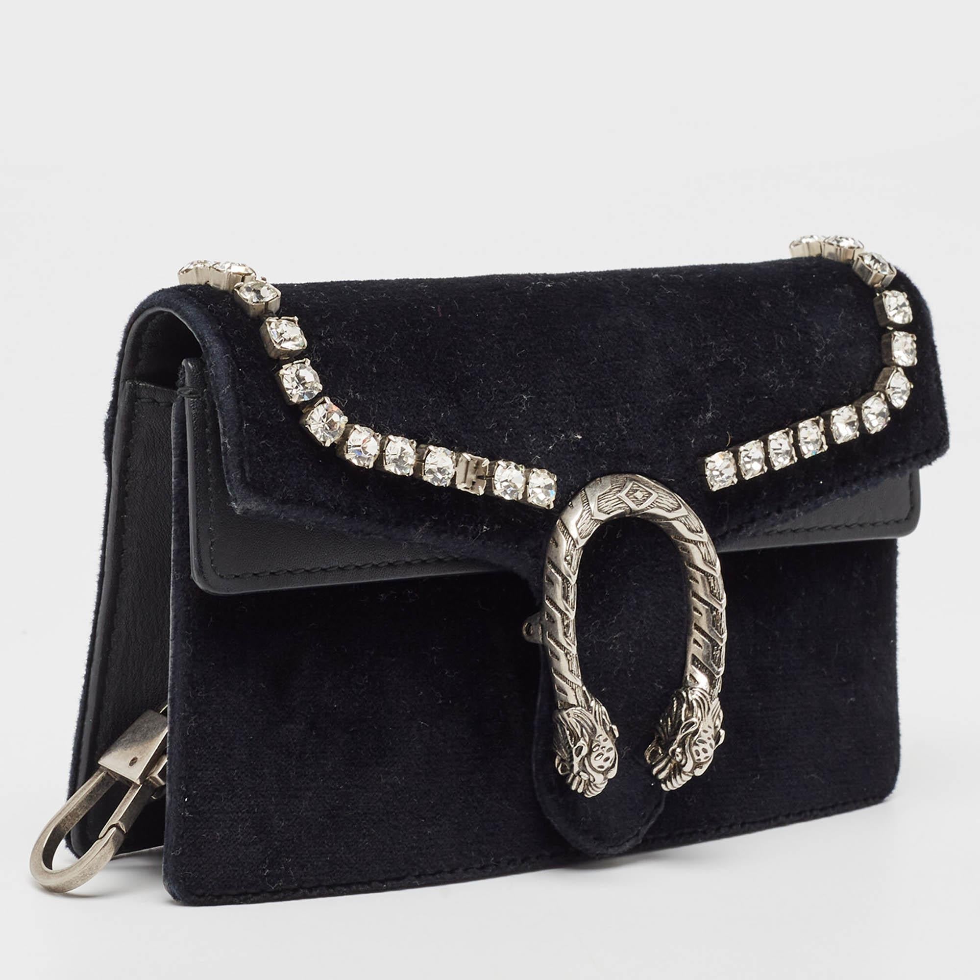 Gucci Black Velvet and Leather Super Mini Dionysus Chain Bag In Good Condition In Dubai, Al Qouz 2