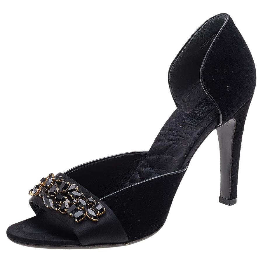 Gucci Black Velvet And Satin Embellished Open Toe D'orsay Pumps Size 41
