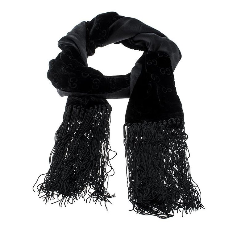 Gucci Black Velvet and Satin Guccissima Pattern Tassel Detail Scarf For Sale  at 1stDibs