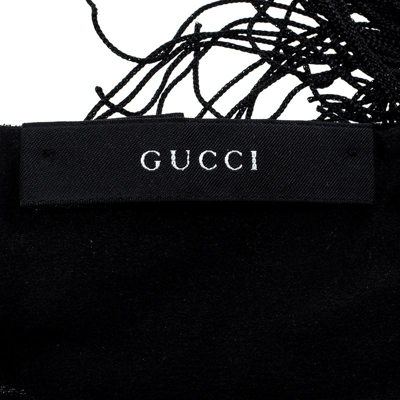Gucci Black Velvet and Satin Guccissima Pattern Tassel Detail Scarf 2