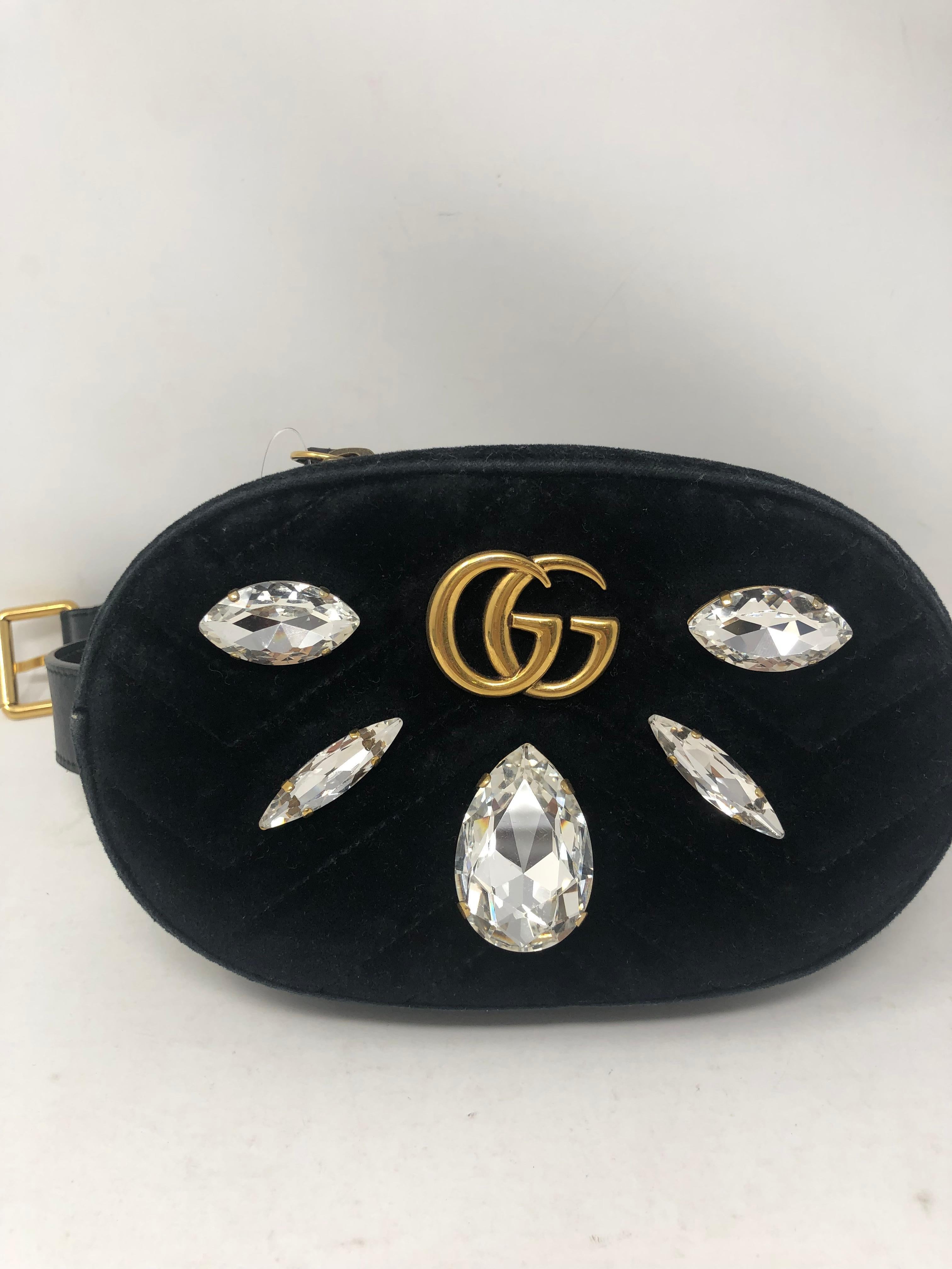 Gucci Black Velvet Crystals Bum Bag. Crystals on black velvet and leather fanny pack. Can be worn across the body too. In style, this versatile look is seen on runways. Limited and has been worn. Has some wear on corners and small dirt stains inside
