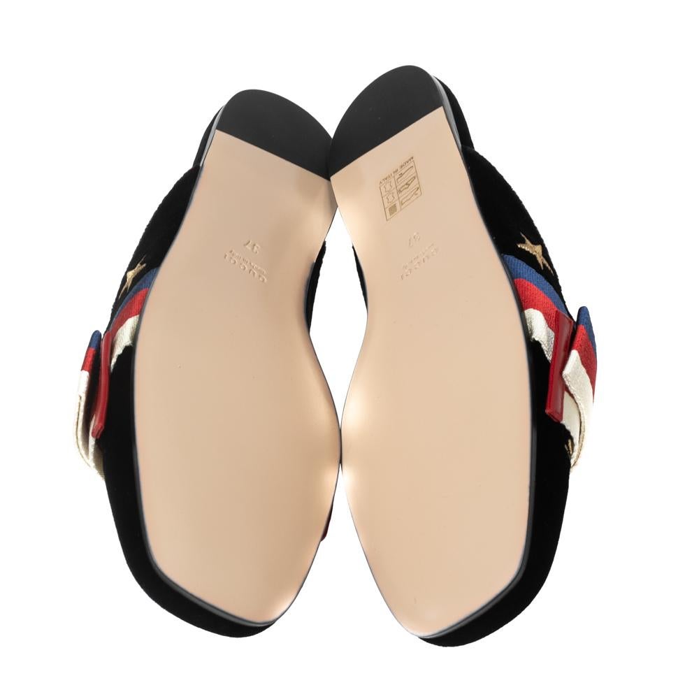 Women's Gucci Black Velvet Embroidered Bees Bow Princetown Mule Flats Size 37