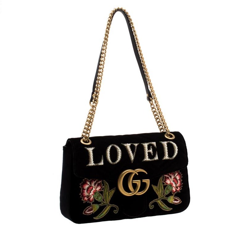 Gucci Black Velvet Embroidered Medium GG Marmont Shoulder ...