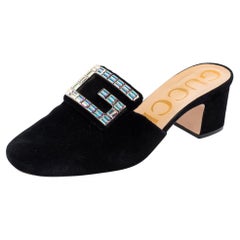 Gucci Black Velvet Madelyn Crystal G Mule Sandals Size 38