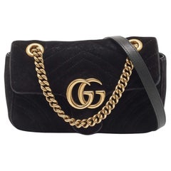 Gucci Black Velvet Matelassé Velvet Mini GG Marmont Shoulder Bag