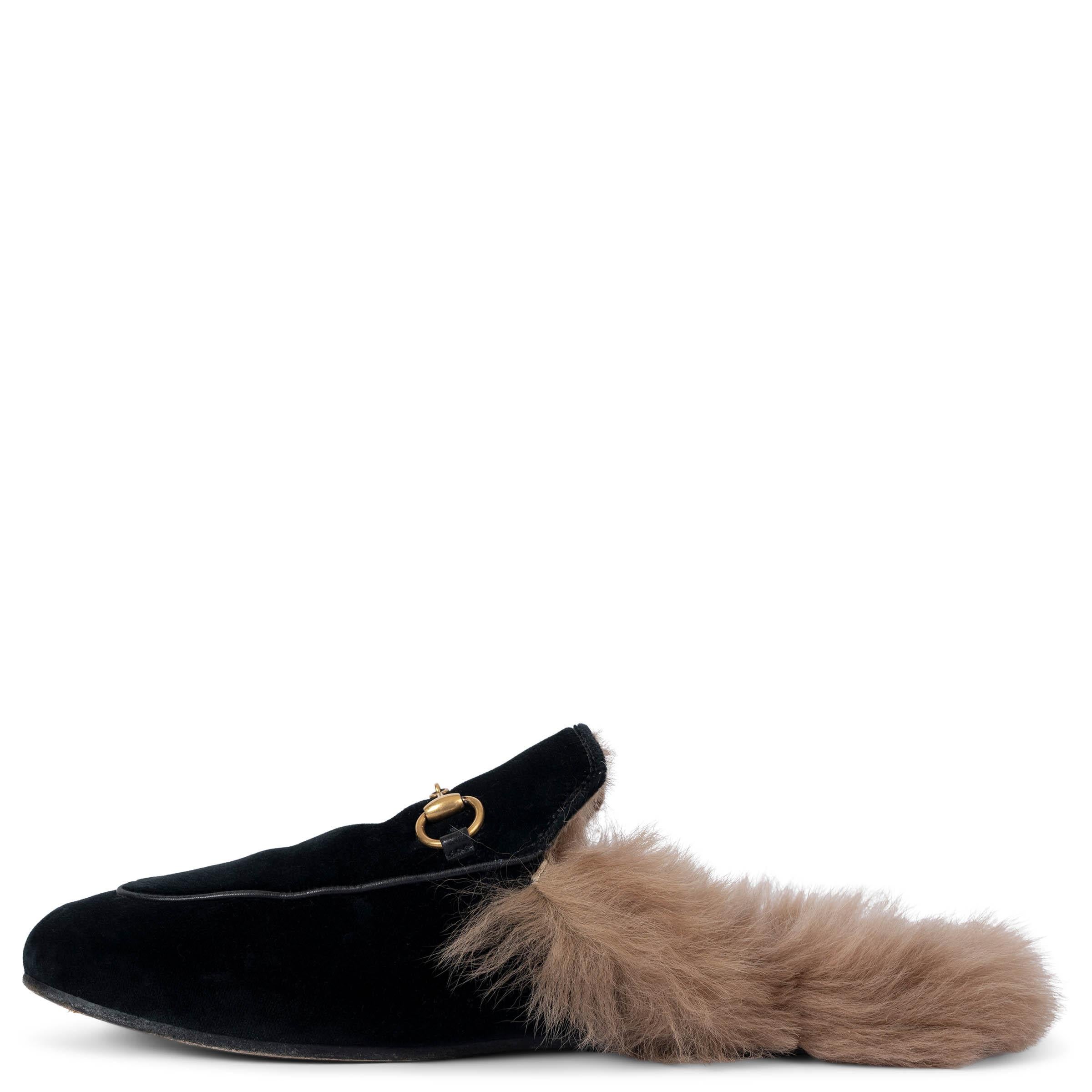 GUCCI black velvet PRINCETOWN FUR LINED Slippers Flats Shoes 39 In Fair Condition In Zürich, CH