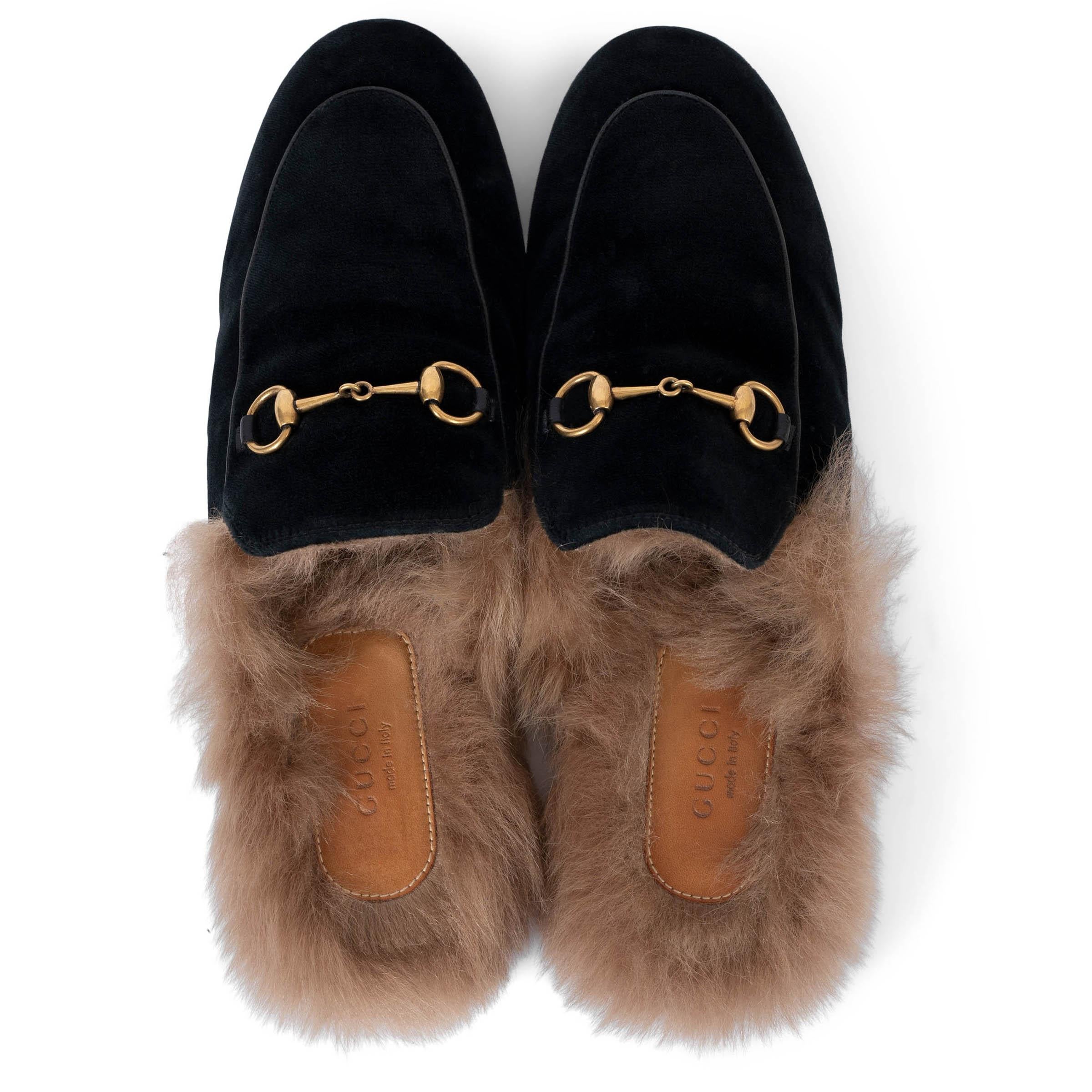 GUCCI black velvet PRINCETOWN FUR LINED Slippers Flats Shoes 39 1