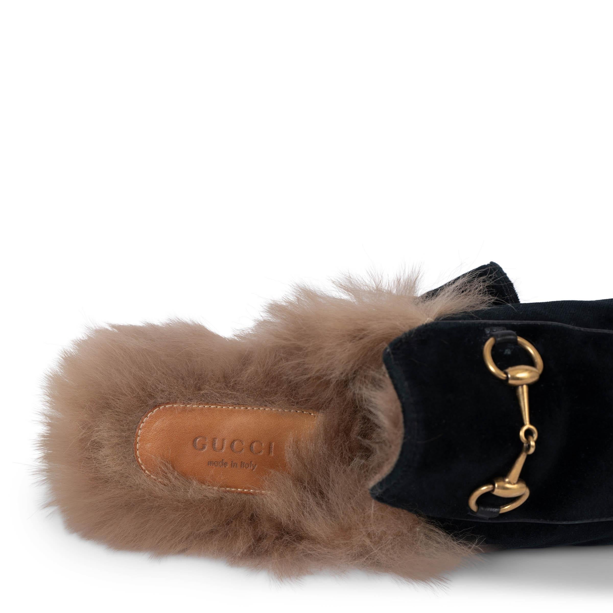 GUCCI black velvet PRINCETOWN FUR LINED Slippers Flats Shoes 39 2