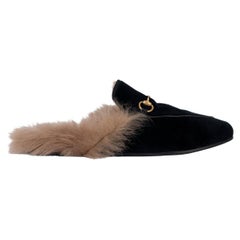 GUCCI black velvet PRINCETOWN FUR LINED Slippers Flats Shoes 39