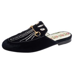 Gucci Black Velvet Princetown Horsebit Crystal Embellished Mules Size 38