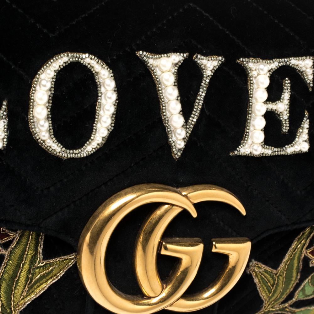Gucci Black Velvet Small Embroidered GG Marmont Shoulder Bag 8