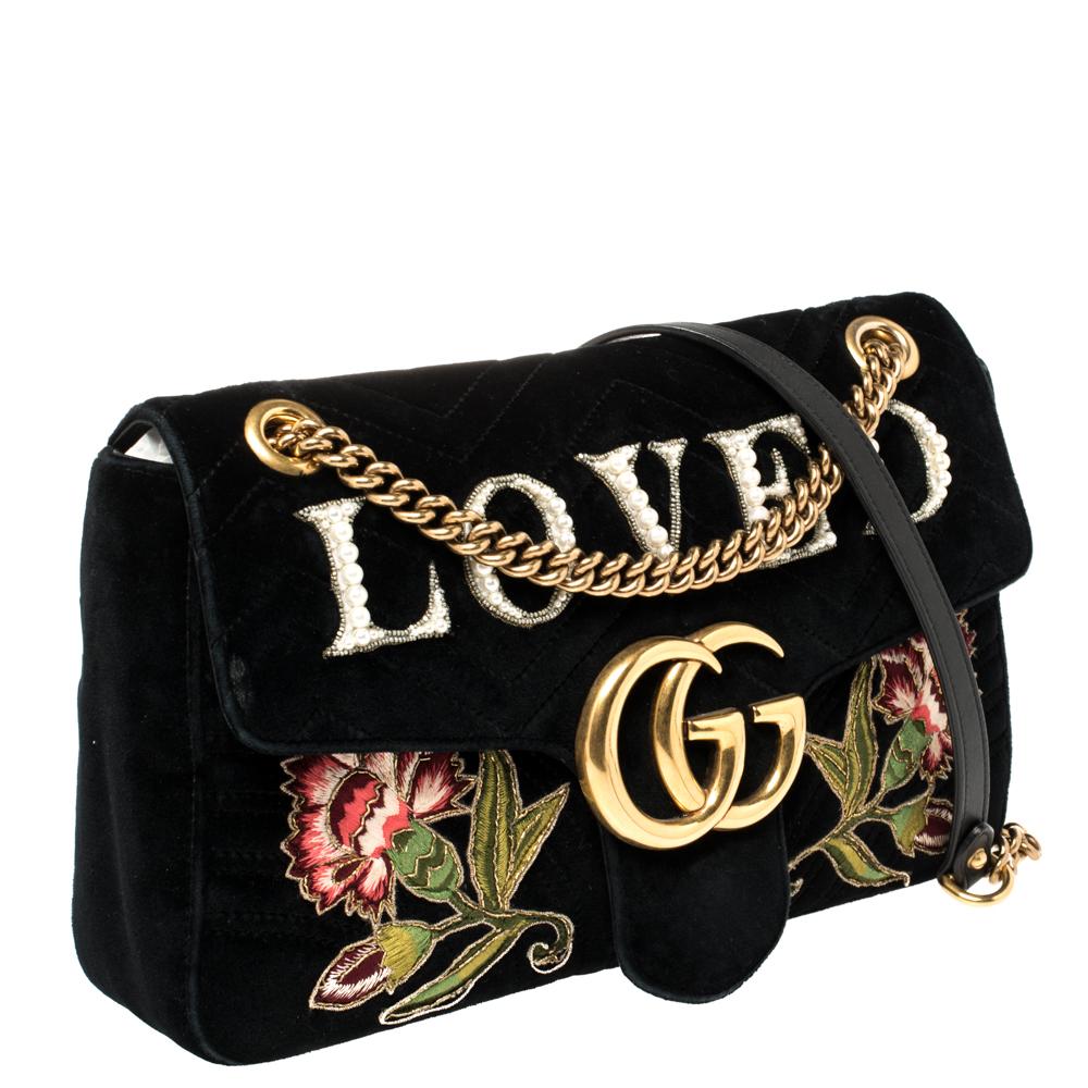 Women's Gucci Black Velvet Small Embroidered GG Marmont Shoulder Bag
