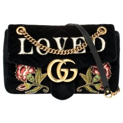 Gucci Black Velvet Small Embroidered GG Marmont Shoulder Bag