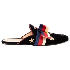 Gucci Black Velvet Sylvie Embroidered Bow Mules Size IT 41