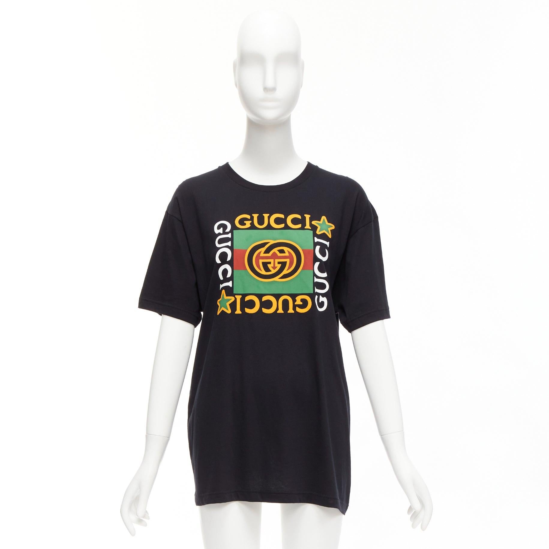 GUCCI Schwarzes langes entspanntes Vintage GG Box Logo Baumwoll-Tshirt XXS im Angebot 5