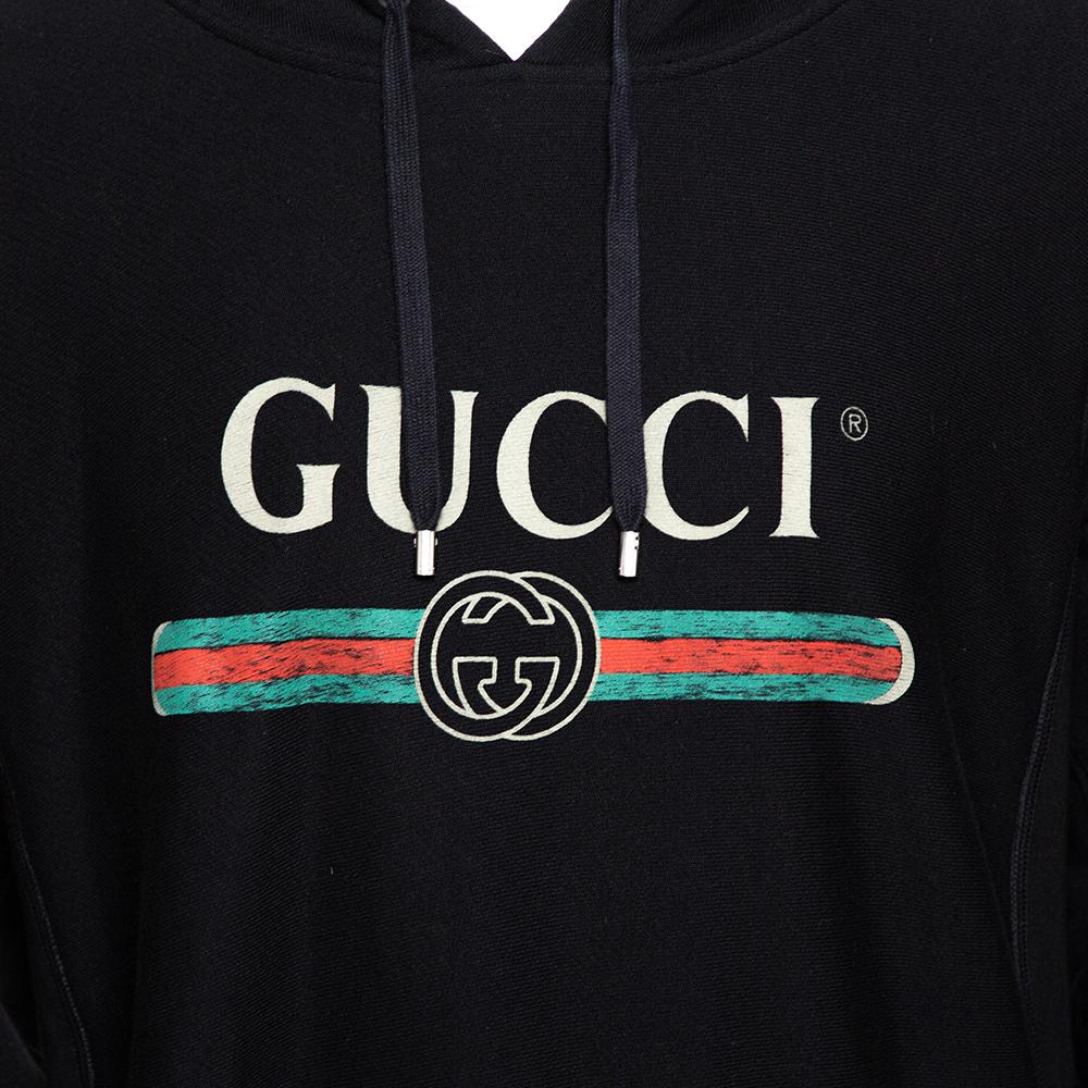 Gucci Black Vintage Logo Print Cotton Hooded Sweatshirt M For Sale
