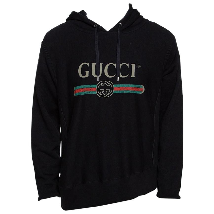 Gucci Black Vintage Logo Print Cotton Hooded M Sale | gucci black hoodie, gucci hoodie black, black gucci hoodie