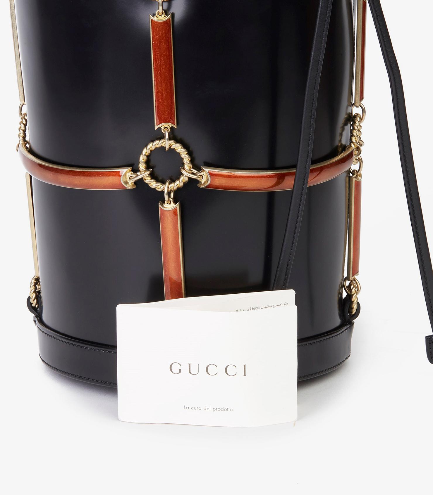 Gucci Black Vinyl, Lambskin & Rust Enamel Bucket Bag For Sale 8