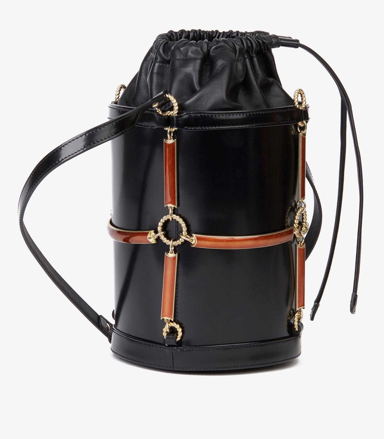 Women's or Men's Gucci Black Vinyl, Lambskin & Rust Enamel Bucket Bag For Sale