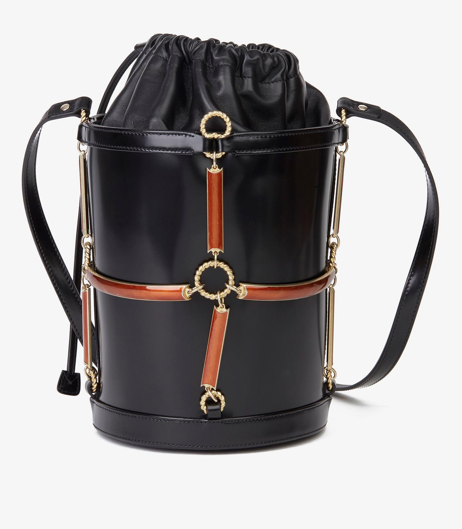 Gucci Black Vinyl, Lambskin & Rust Enamel Bucket Bag For Sale 1