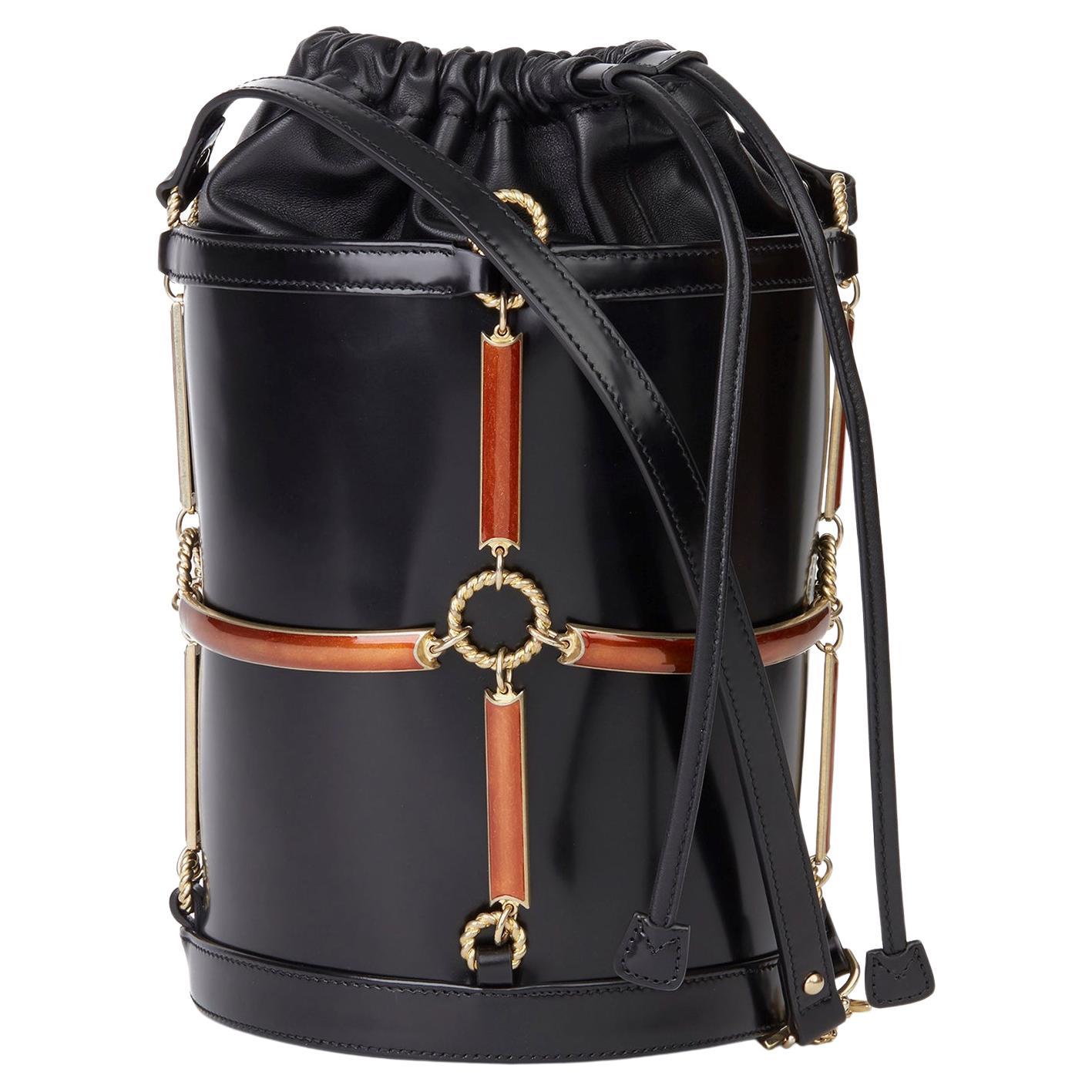 Gucci Black Vinyl, Lambskin & Rust Enamel Bucket Bag For Sale