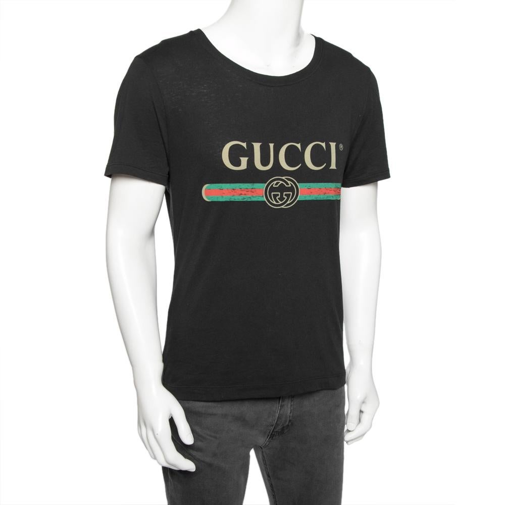 Gucci Black Washed Cotton Logo Printed Oversized T-Shirt XS In Good Condition In Dubai, Al Qouz 2