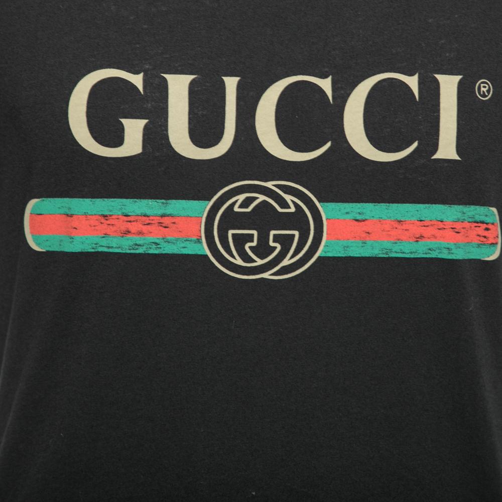Men's Gucci Black Washed Cotton Logo Printed Oversized T-Shirt XS