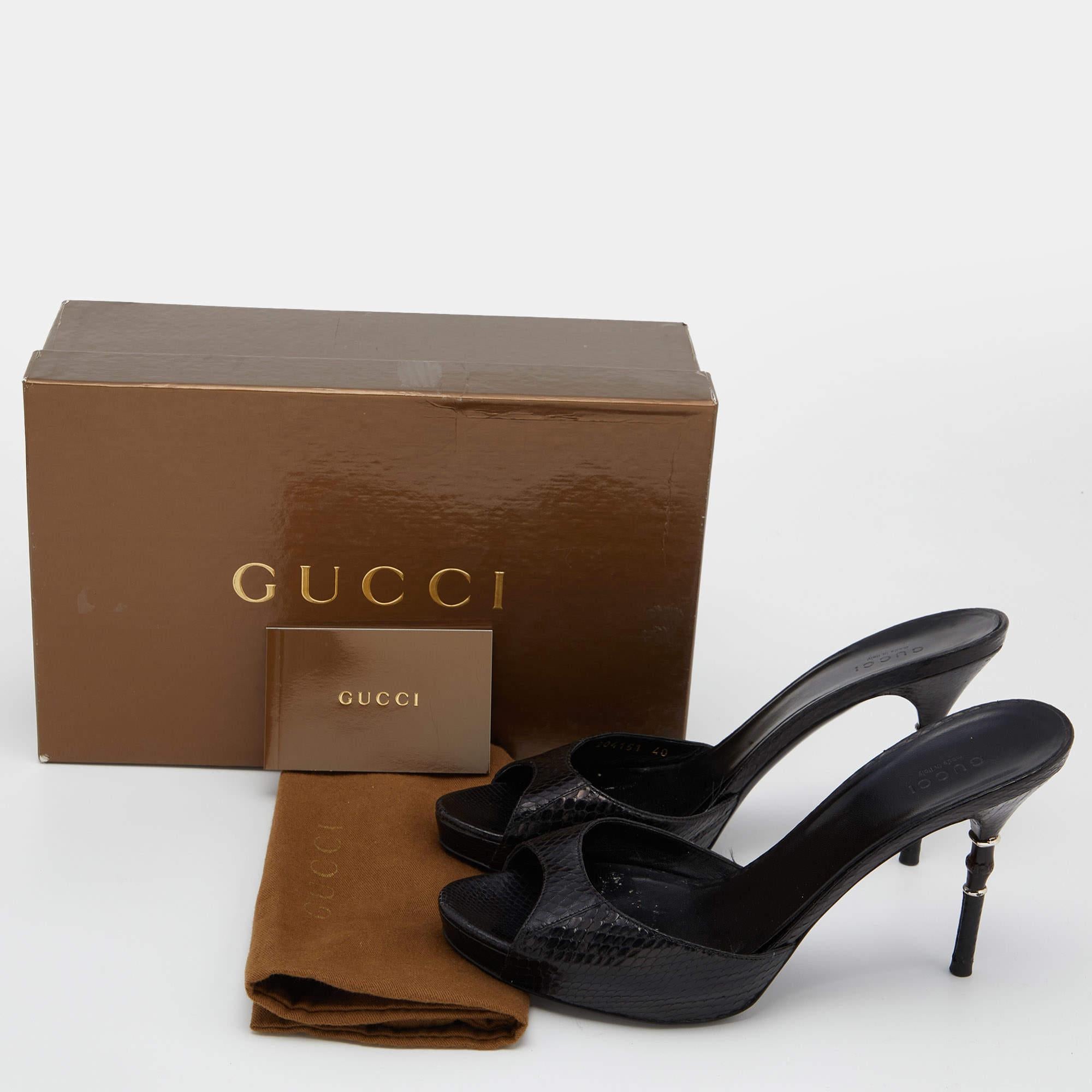 Gucci Black Watersnake Leather Bamboo Heel Platform Sandals Size 40 6