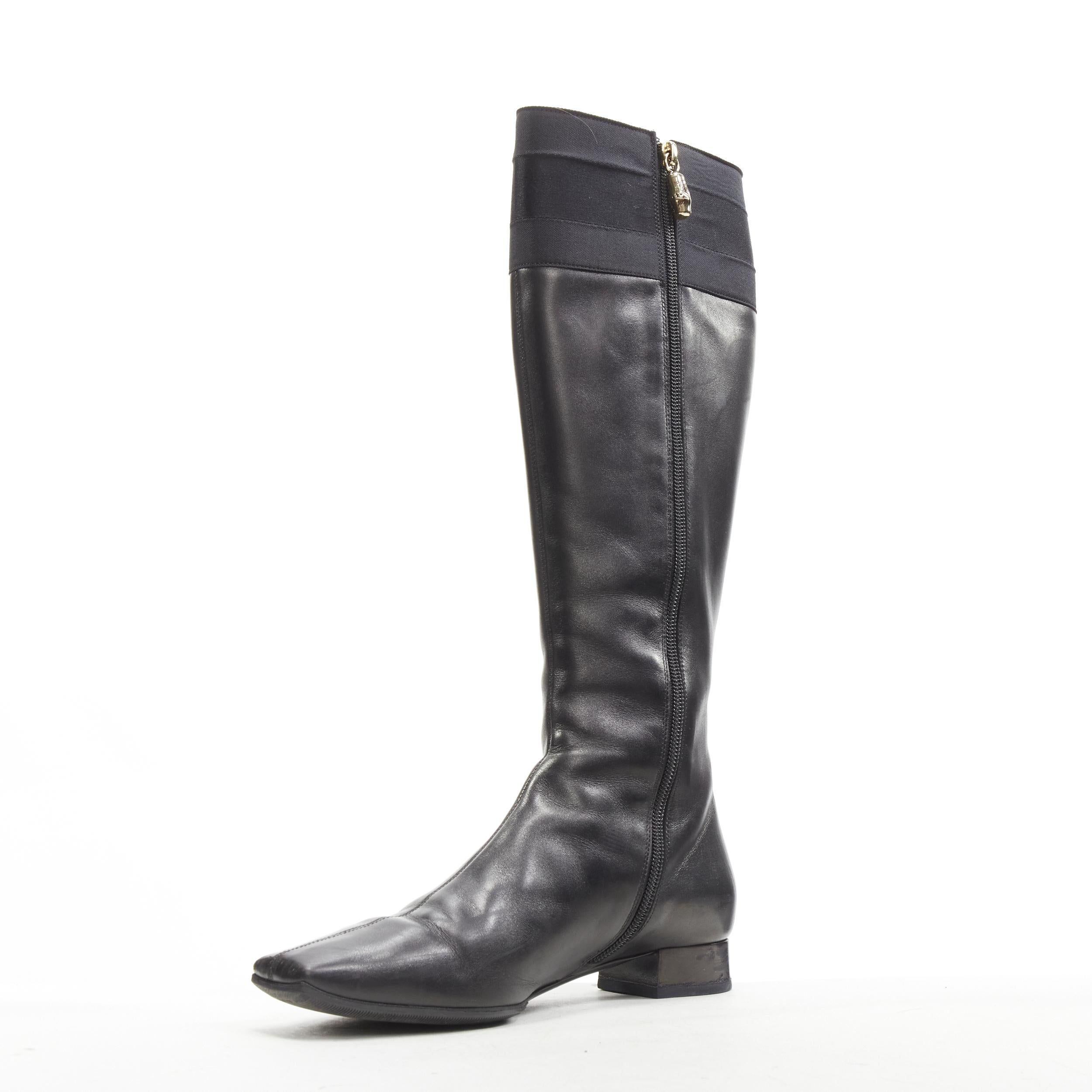 Women's GUCCI black web trim leather gold bamboo charm zip riding boots EU36 For Sale