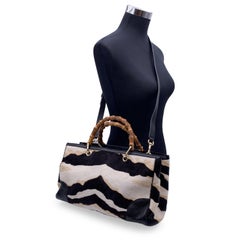 Gucci Negro Blanco Beige Cuero Tigre Patrón Bambú Top Handle Bag