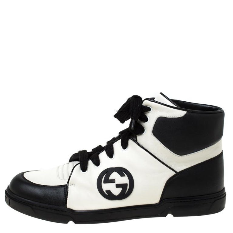 Gucci Black White Gg Interlocking Leather Lace Up High Top Sneakers Size 44 5 For Sale At 1stdibs