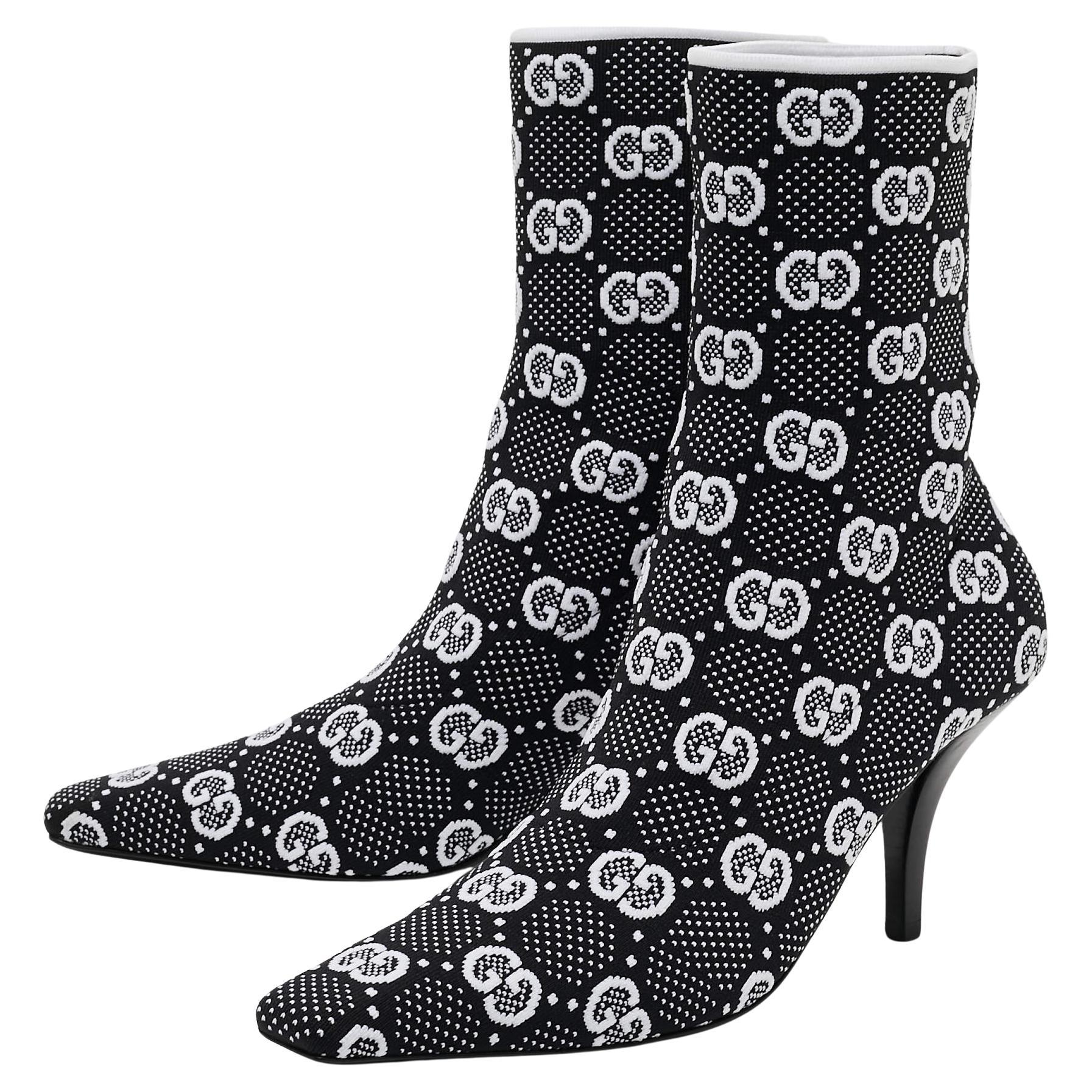 Gucci Black/White GG Knit Fabric Sock Ankle Boots Size 39 For Sale