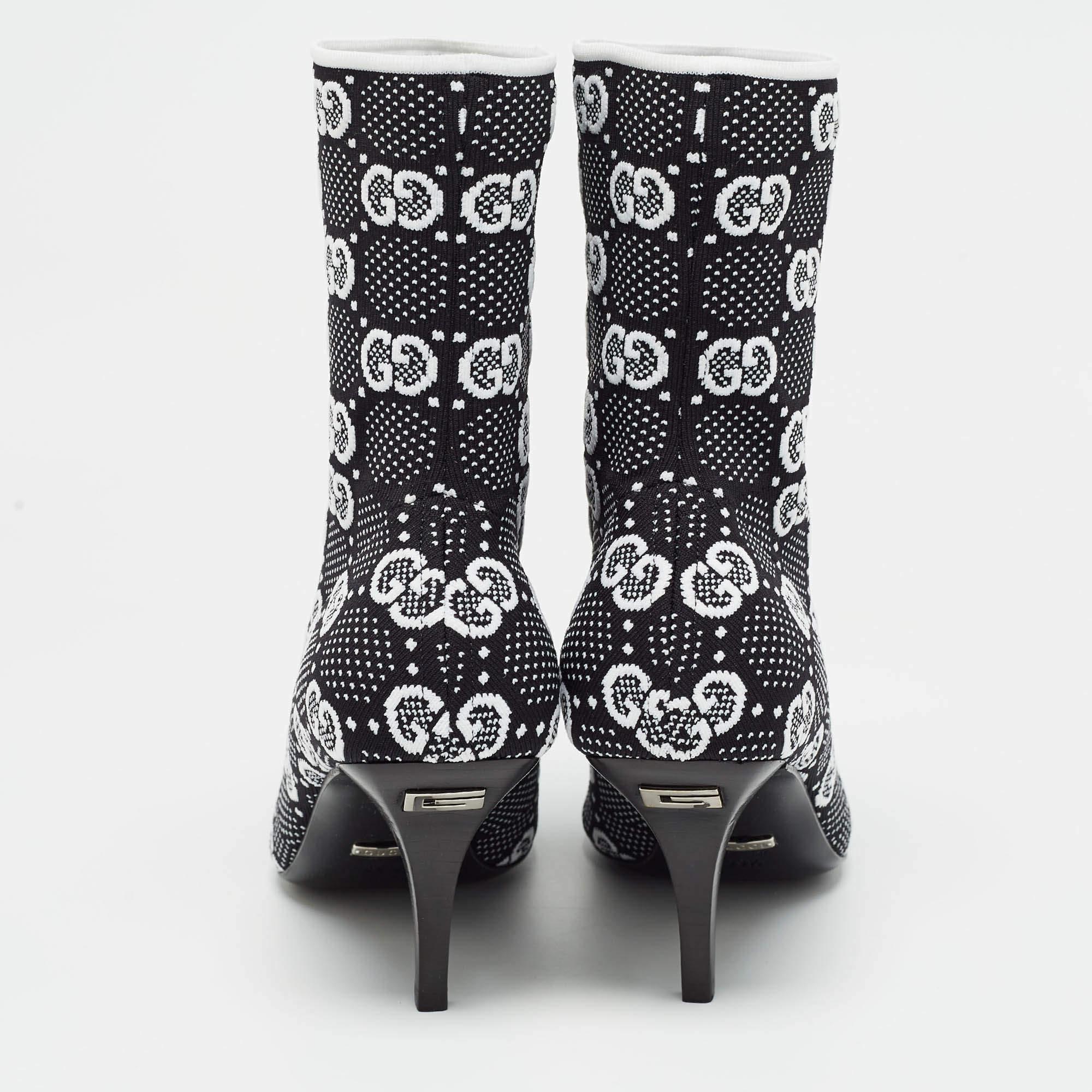 Women's Gucci Black/White GG Knit Fabric Sock Ankle Boots Size 39.5
