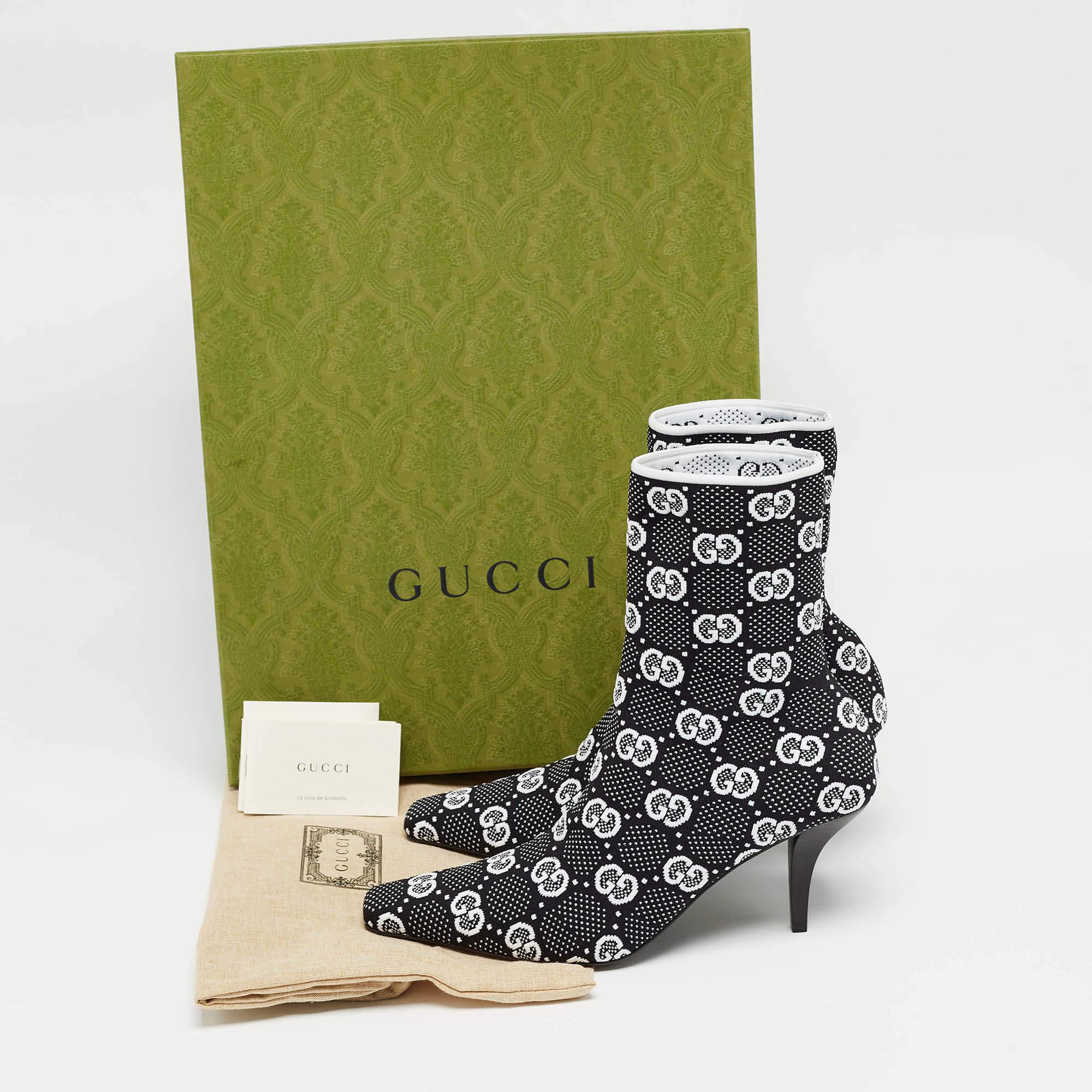 Gucci Black/White GG Knit Fabric Sock Ankle Boots Size 39.5 For Sale 5