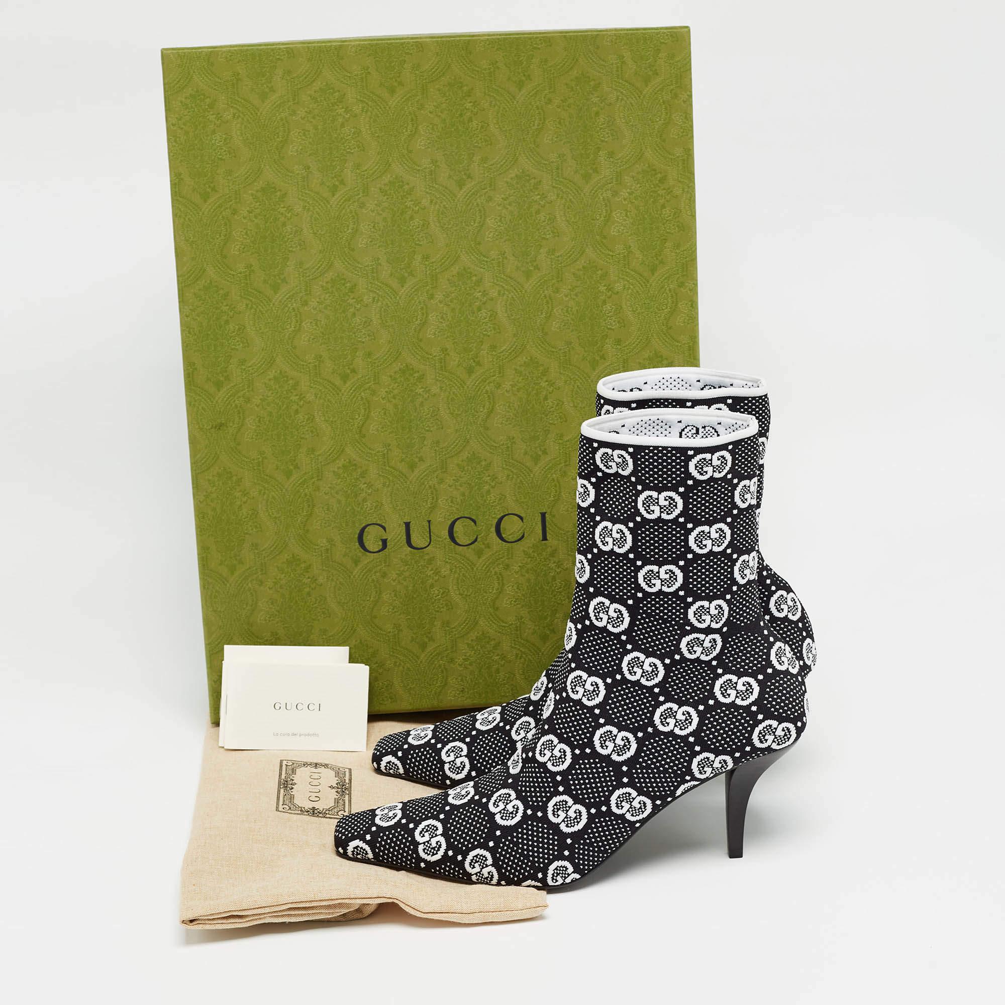 Gucci Black/White GG Knit Fabric Sock Ankle Boots Size 39.5 5