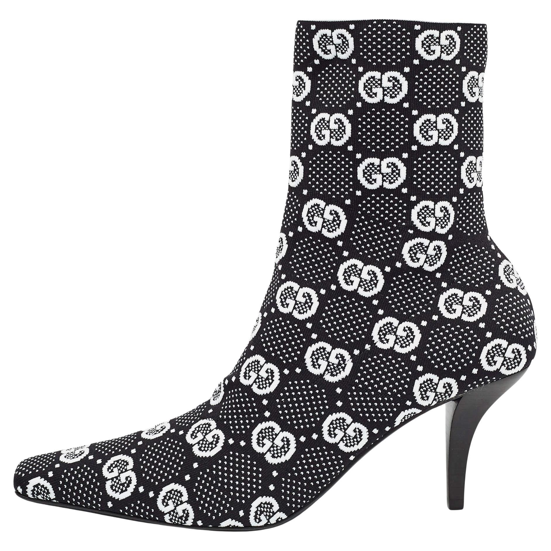 Gucci Black/White GG Knit Fabric Sock Ankle Boots Size 39.5 For Sale
