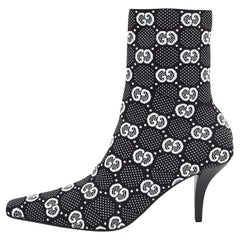 Used Gucci Black/White GG Knit Fabric Sock Ankle Boots Size 39.5