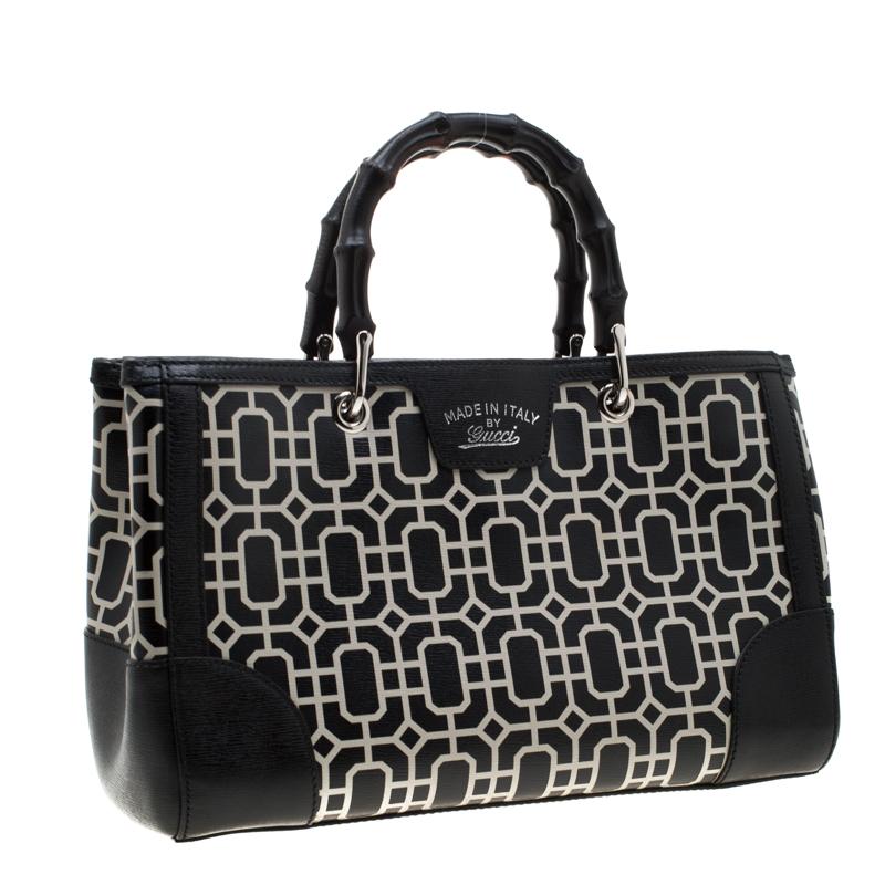 Women's Gucci Black/White Leather Bamboo Top Handle Shopper Tote