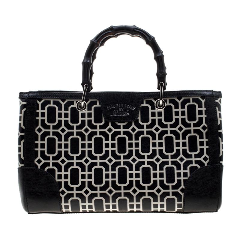 Gucci Black/White Leather Bamboo Top Handle Shopper Tote