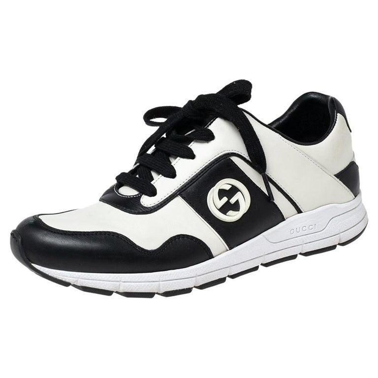 Gucci Black/White Leather Interlocking GG Lace Up Low Top Sneakers Size