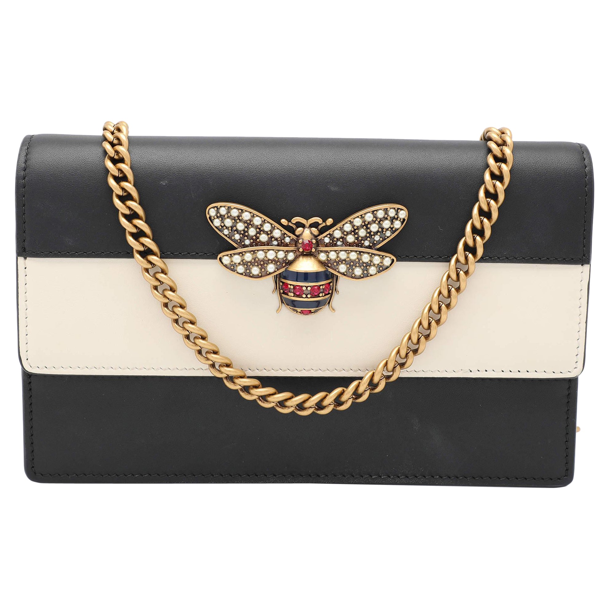Gucci Black/White Leather Queen Margaret Wallet On Chain