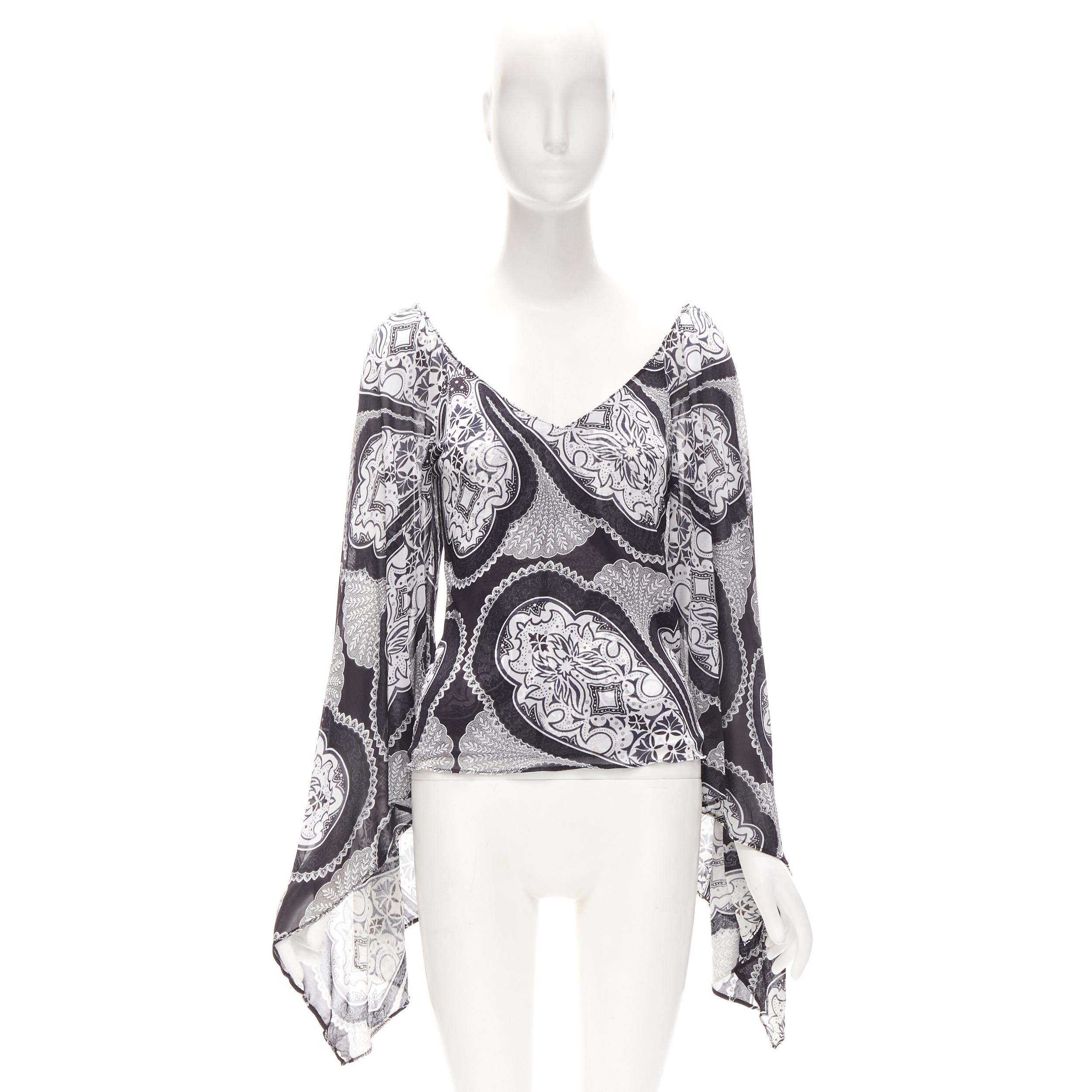 GUCCI Black white paisley print bohemian kimono sleeve blouse XS For Sale 6