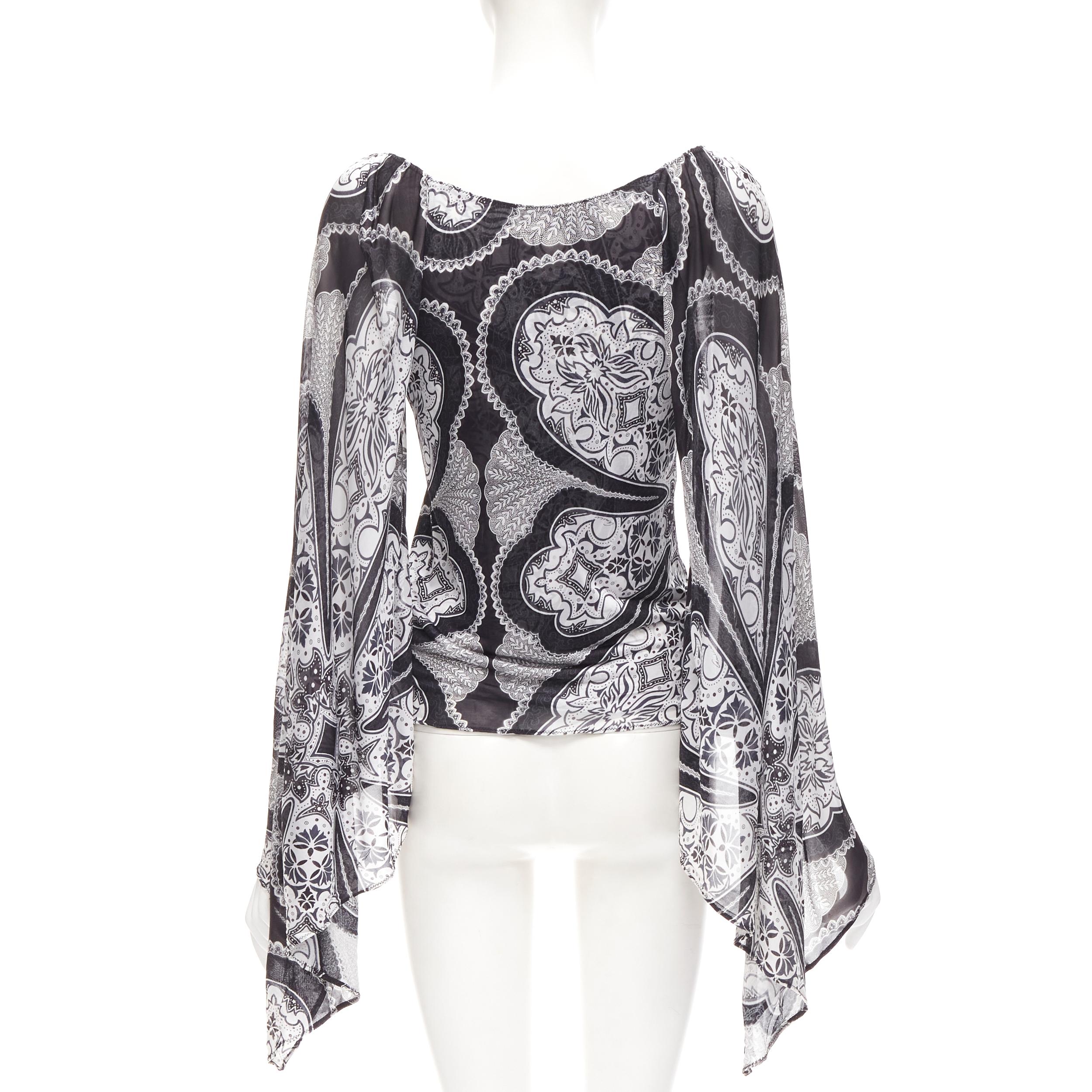 Women's GUCCI Black white paisley print bohemian kimono sleeve blouse XS For Sale
