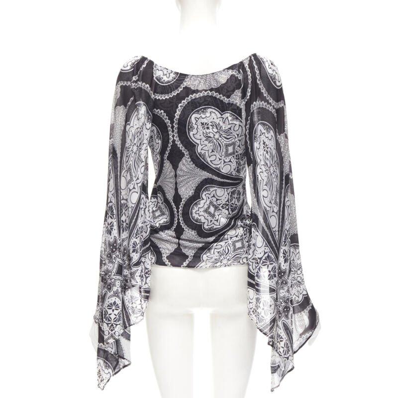 Women's GUCCI Black white paisley print bohemian kimono sleeve blouse XS For Sale