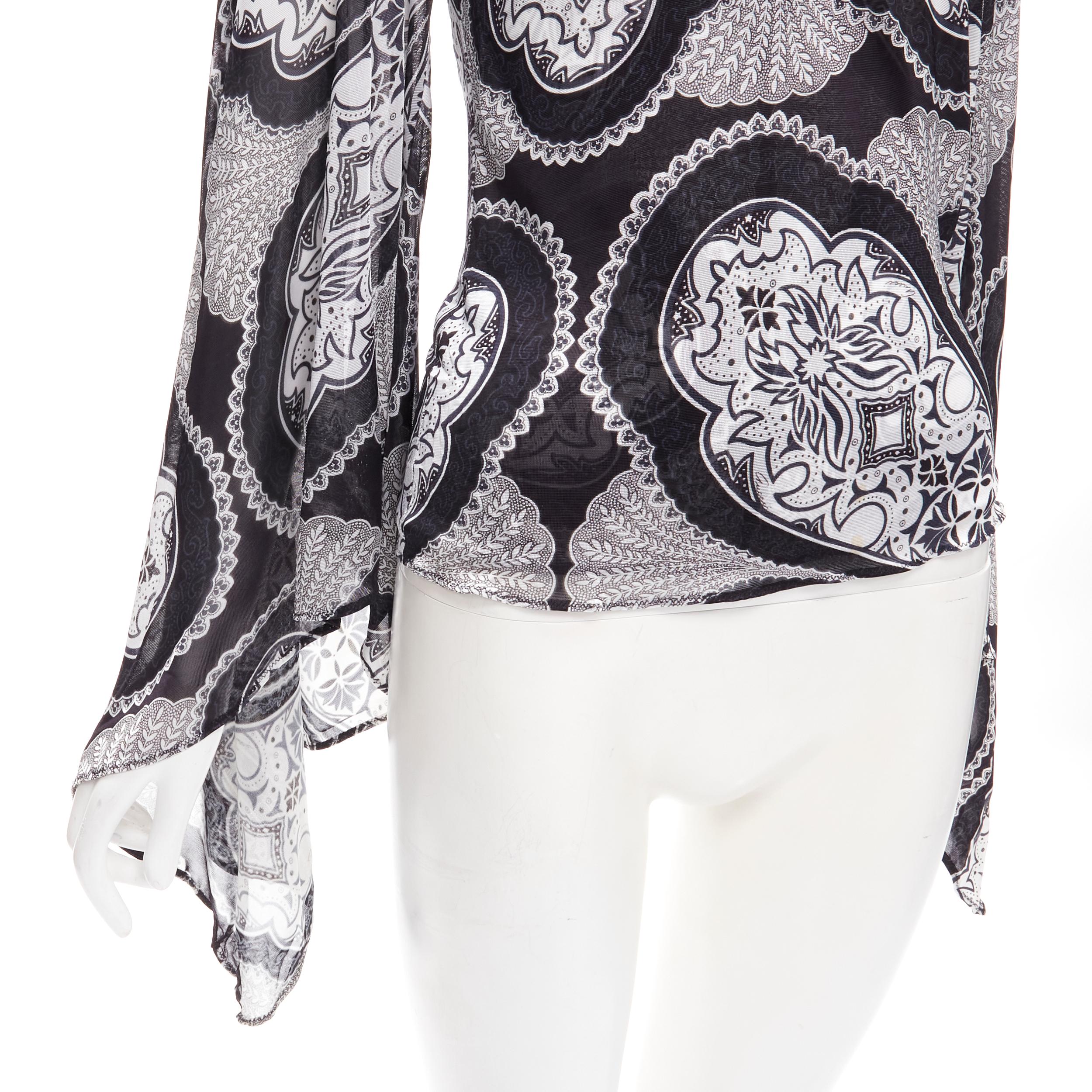 GUCCI Black white paisley print bohemian kimono sleeve blouse XS For Sale 3