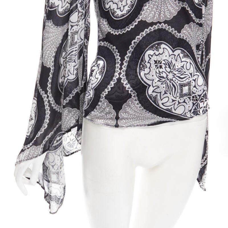 GUCCI Black white paisley print bohemian kimono sleeve blouse XS For Sale 4